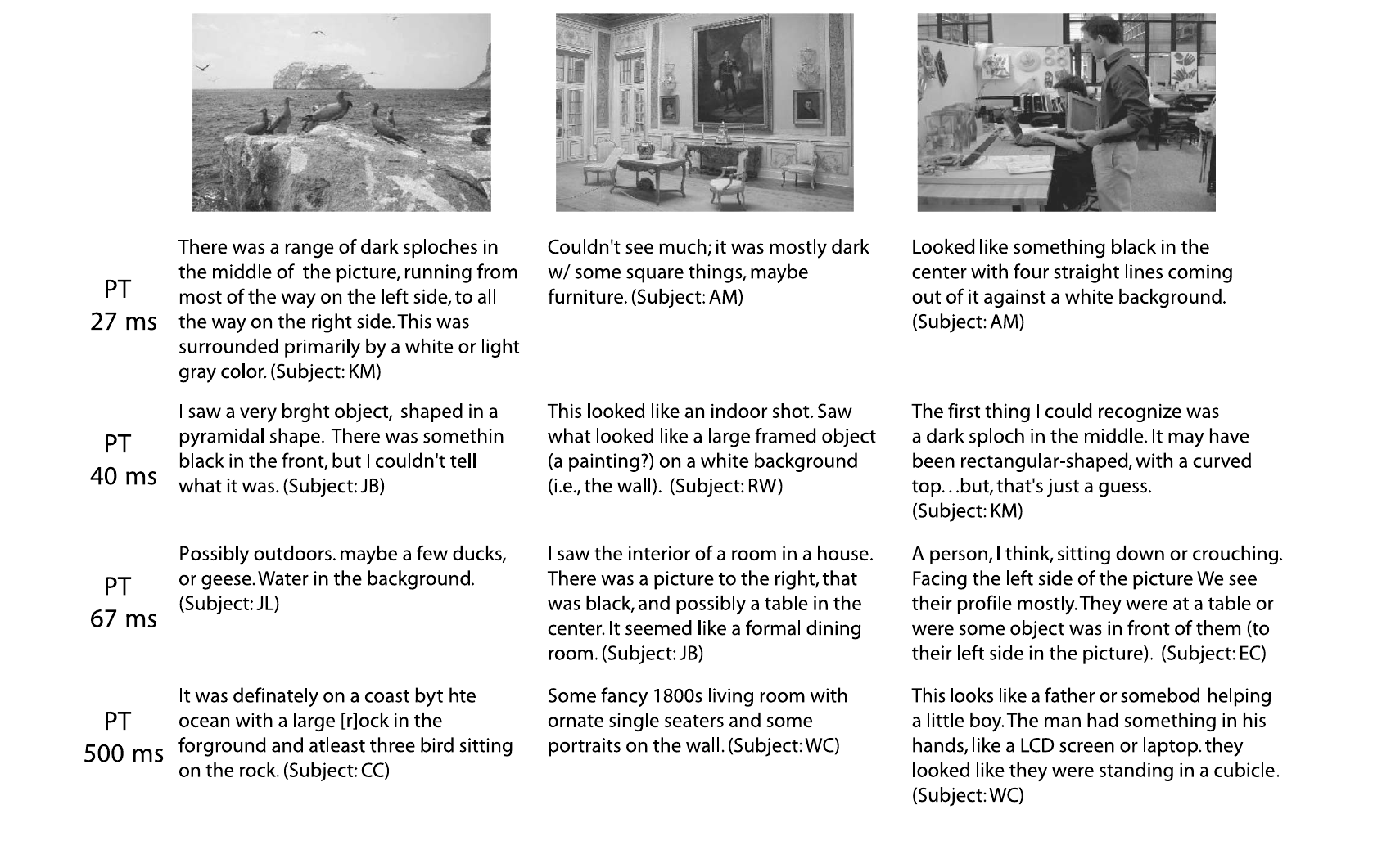 Three photographs with written descriptions after 27, 40, 67 and 500 ms: from 'dark splotches' to 'a father helping a little boy… in a cubicle'.